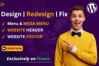 design, fix wordpress header, footer, mega menu within 24 hours