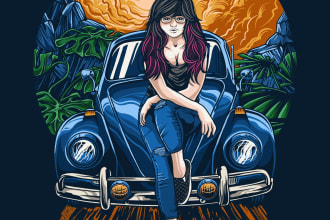 draw classic cars illustration for tshirt with vintage style