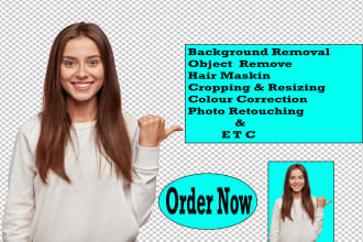background removal, crop resize,  retouching, white or transparent