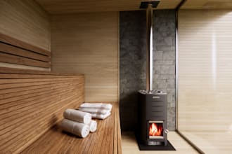 design sauna and steam room, realistic 3d renders and layout