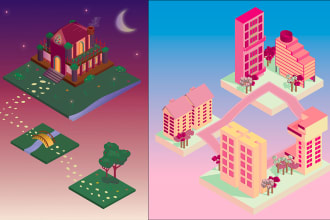 design isometric fantasy landscape illustration in 2d or 3d
