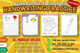 design handwriting, coloring and activity workbook for kids