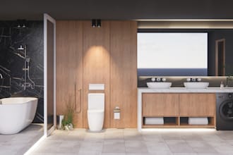create realistic bathroom interior rendering as per the drawing layout
