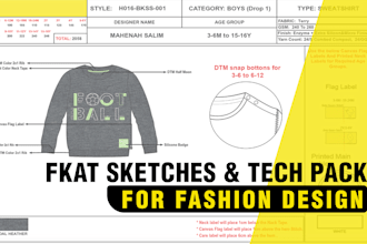 create fashion tech pack and flat sketches for fashion design