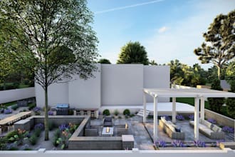 3d landscape, outdoor seating ,solar pergola, balcony, deck, backyard, side yard