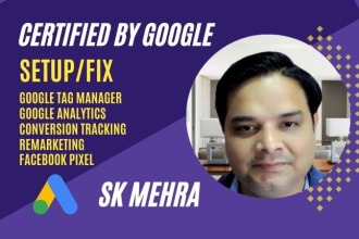 set up or fix google tag manager, ga and ga4 analytics, fb pixel