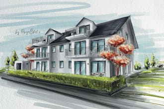 draw an architectural digital marker or watercolor sketches