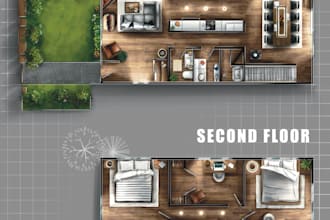 draw a 2d,3d colored floor plan, masterplan, top view for the presentation