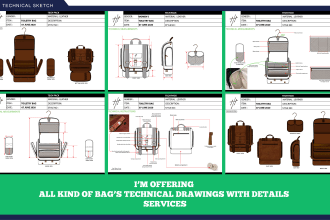 design all kinds of bags with details technical drawings