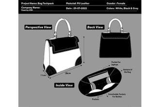 design any bags, handbag, tote bag, technical drawing and tech pack