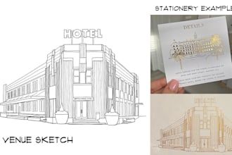 sketch your venue for wedding invites and stationery