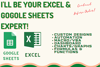 be expert in excel, microsoft excel, google sheets, vba, formula, charts etc