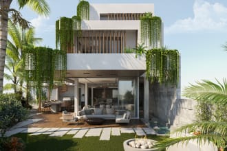 design,render,walkthrough image of landscape, garden, yard, pool, terrace, patio