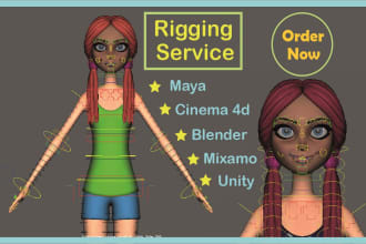 do advance 3d character rigging for maya, cinema 4d, blender, mixamo, unity game