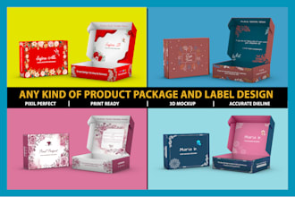 do product package and label design, mailer and subscription box with mockup