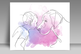 cute drawing portrait of couple family group and pets