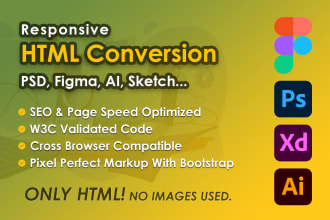 create psd to html, figma to html, xd, sketch to html, responsive bootstrap css