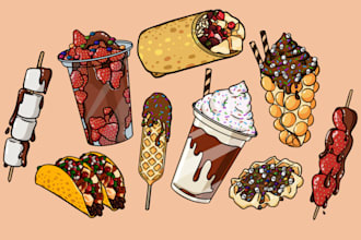 draw food or drink objects stickers illustration