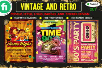 create unique retro vintage, 80s, 90s, 60s indie rock concert flyer for event