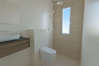 design bathroom layout, 3d model and interior renders