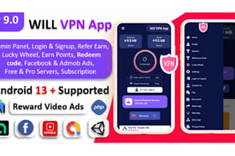 vpn app with admin panel, secure VPN, refer earn, reward lucky wheel