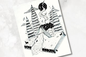 create black and white hand drawn ink  illustrations