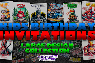 design kids birthday party invitation card with cartoon characters, superheroes