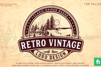do unique and awesome retro vintage logo with a hand drawn illustration