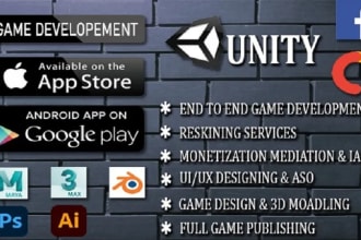 develop unity games and design 2d games, 3d game and PC game