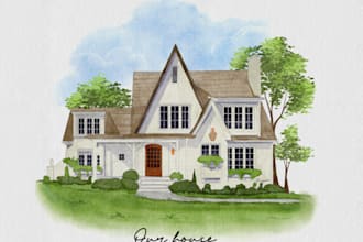 draw digital watercolor of houses, buildings, and any place