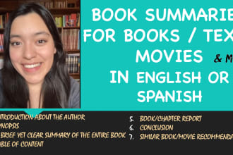 write a summary of a book movie or audio in english or spanish