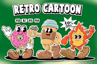 draw vintage retro cartoon character for mascot, t shirt, logo