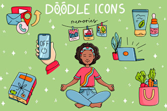 create hand drawn doodle icons, cartoon illustrations