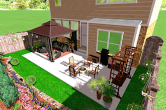 design landscape 3d backyard garden, gazebo, patio