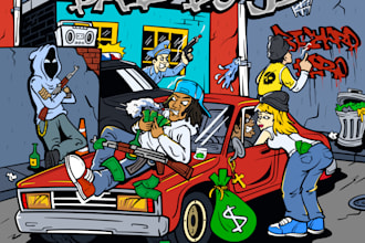 draw custom cartoon album cover for hip hop, rock, or punk