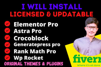 install elementor pro, astra pro, crocoblock, wp rocket and rank math pro