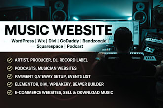 design a music website for artist, podcast band, episodes,dj