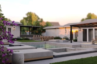 do backyard design, site plan, garden 3d environment as a landscape architect
