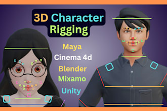 do 3d character rigging in maya, cinema 4d , blender, mixamo, unity game engine