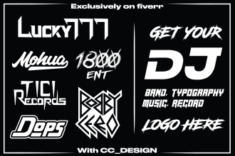 design music, dj band, typography, record and font logo