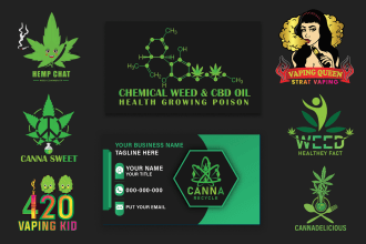 make weed and cannabis, cbd oil and medical logo with business card