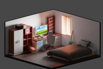 create a 3d isometric room and booth display in blender