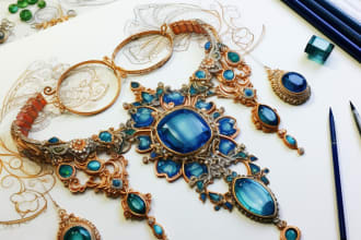 draw sketches and colorful designs of jewelry