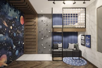 design interior kids bedroom and render with shopping list