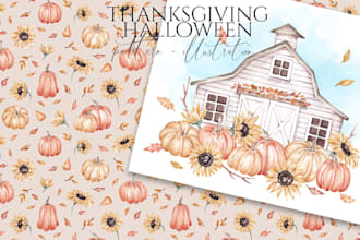draw watercolor halloween, thanksgiving card, pattern