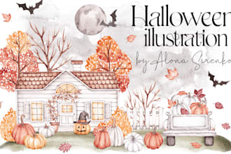 draw watercolor halloween, thanksgiving card