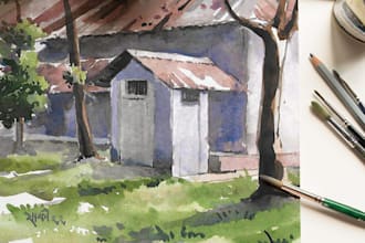 paint landscape and architechtural structure with watercolor