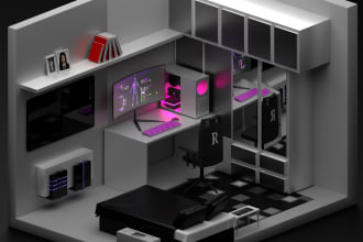 create 3d low poly isometric interior design for website