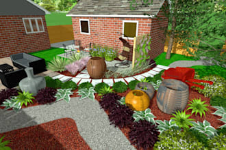 design landscape garden render, 3d sketch, walkthrough video