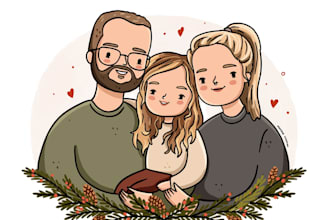 draw a cute couple, family portrait doodle for a gift